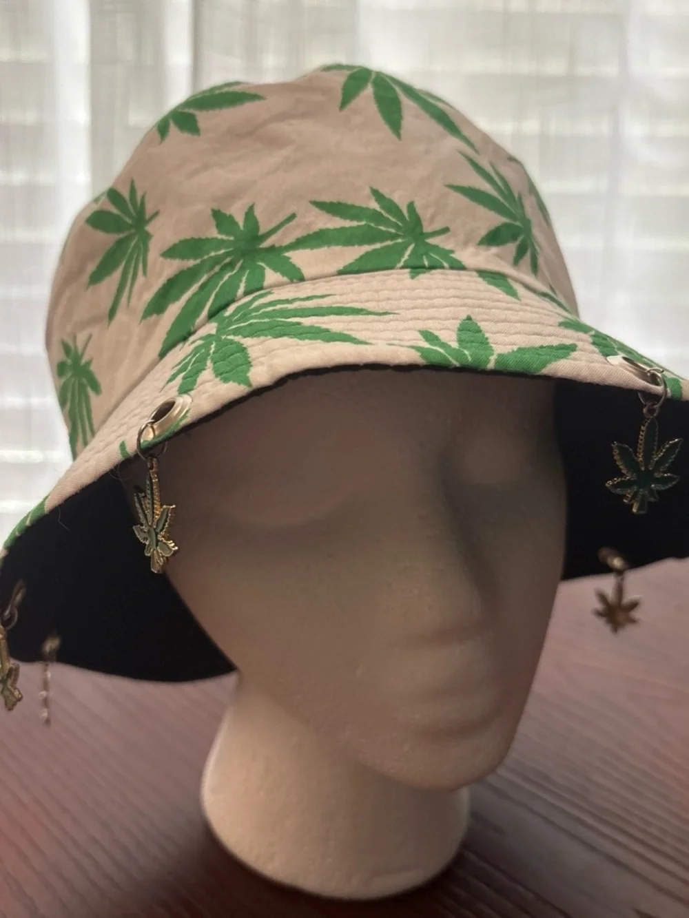 Beige Bucket Hat with Green Leaf Print - Fashion Women's Accessory